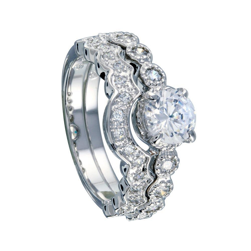 Silver 925 Rhodium Plated Clear Round Center CZ Bridal Ring Set - BGR00219