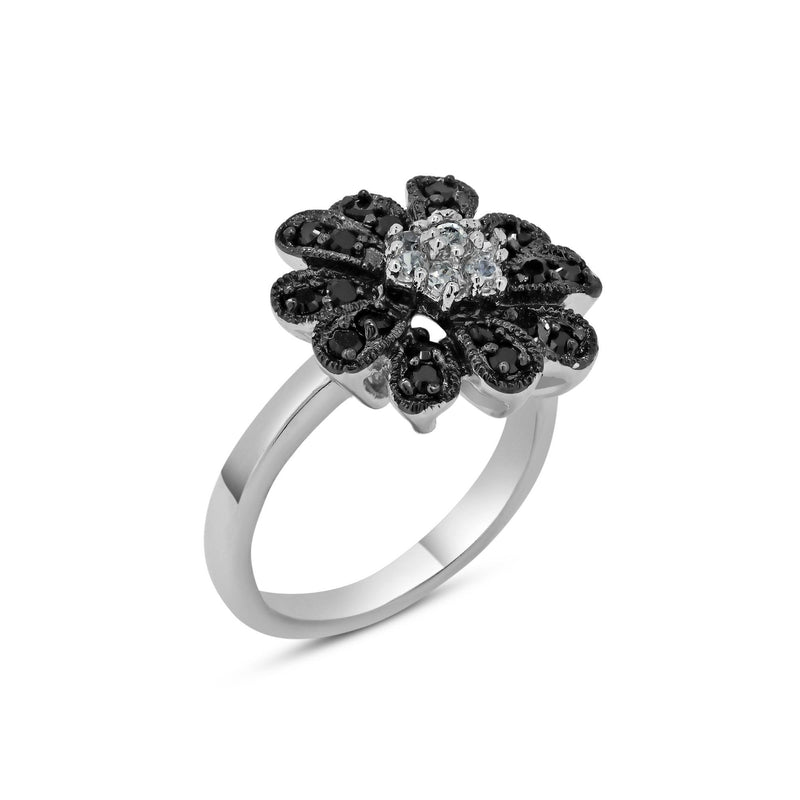 Closeout-Silver 925 Rhodium and Black Rhodium Plated 2 Toned Black and Clear Pave Set CZ Flower Ring - BGR00242 | Silver Palace Inc.