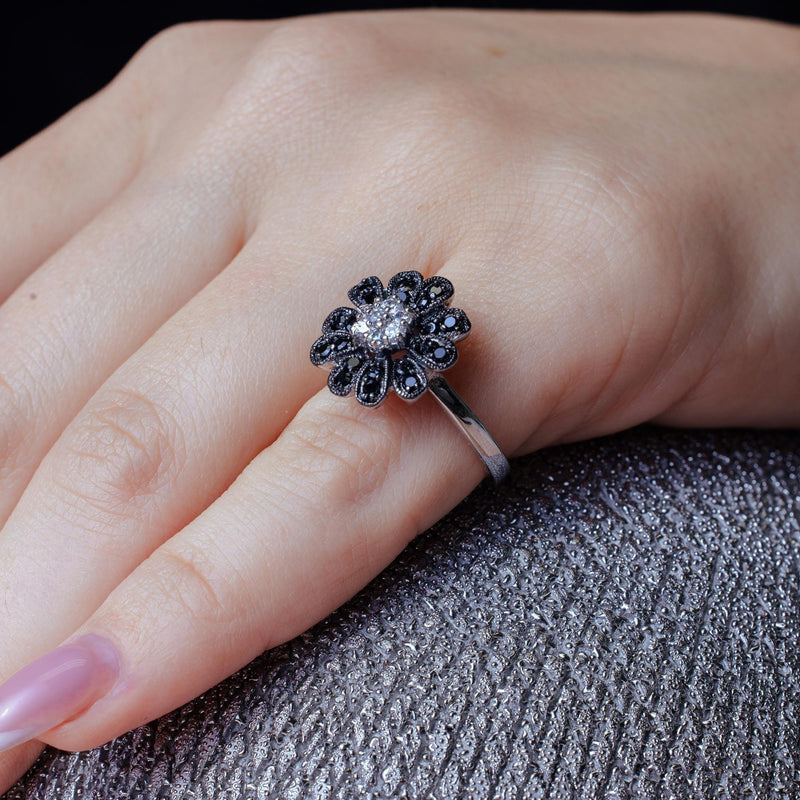 Silver 925 Rhodium and Black Rhodium Plated 2 Toned Black and Clear Pave Set CZ Flower Ring - BGR00242