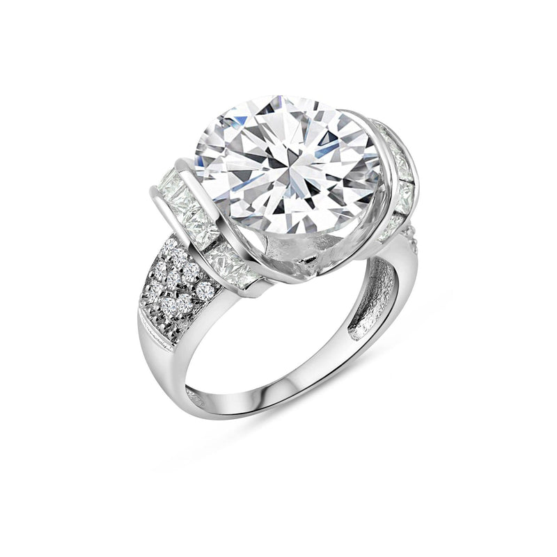 Silver 925 Rhodium Plated Clear Baguette Pave Set Round Center CZ Bridal Ring - BGR00256 | Silver Palace Inc.