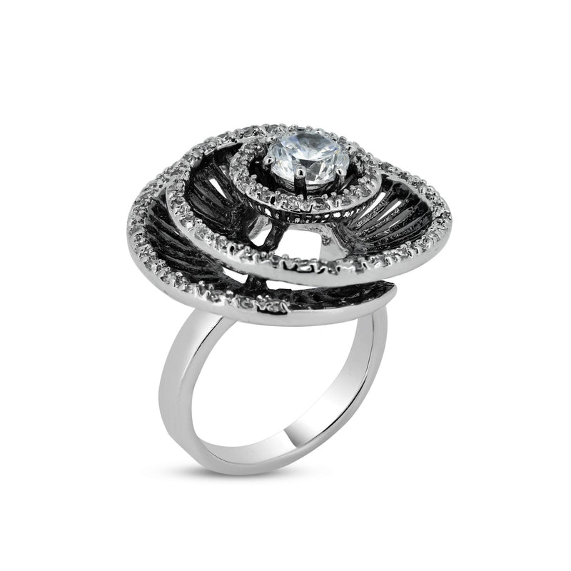 Closeout-Silver 925 Rhodium and Black Rhodium Plated 2 Toned Round Center Clear CZ Spiral Ring - BGR00308 | Silver Palace Inc.