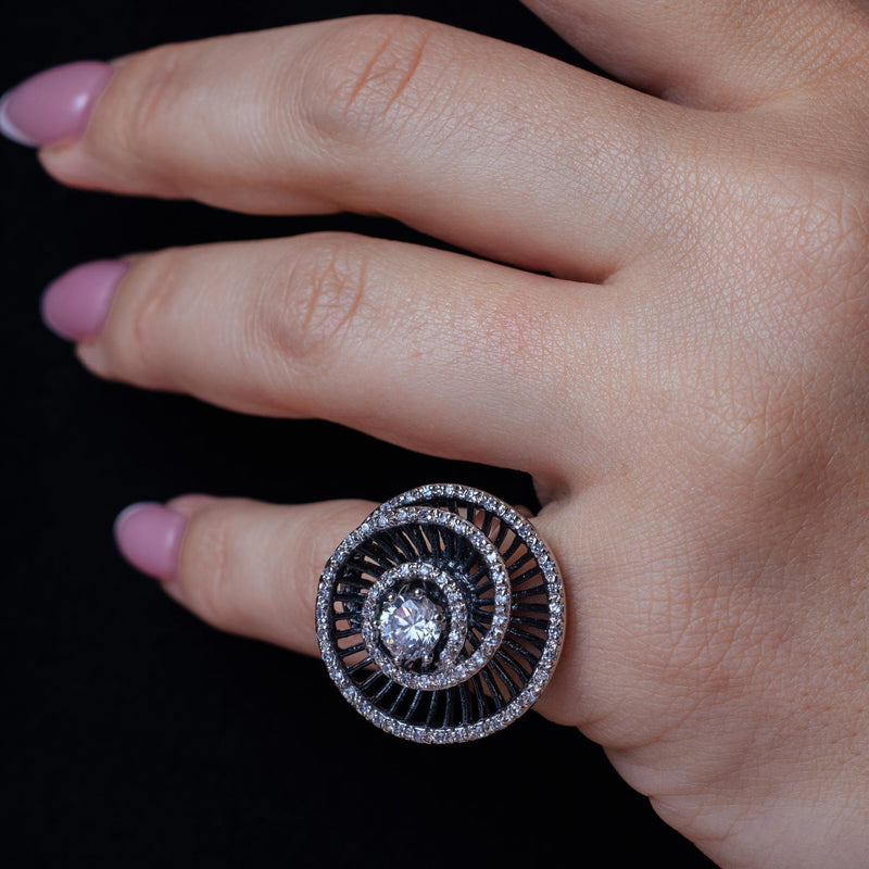 Silver 925 Rhodium and Black Rhodium Plated 2 Toned Round Center Clear CZ Spiral Ring - BGR00308