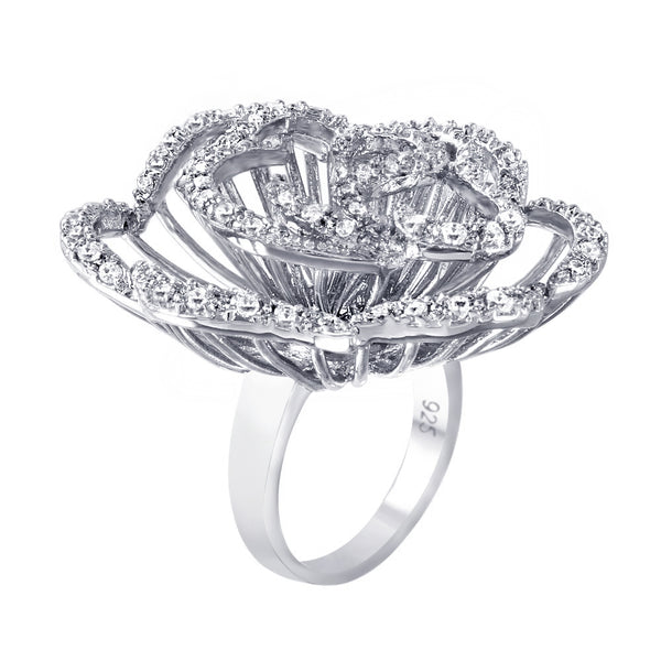 Silver 925 Rhodium Plated Clear CZ Rose Flower Ring - BGR00311WHT | Silver Palace Inc.