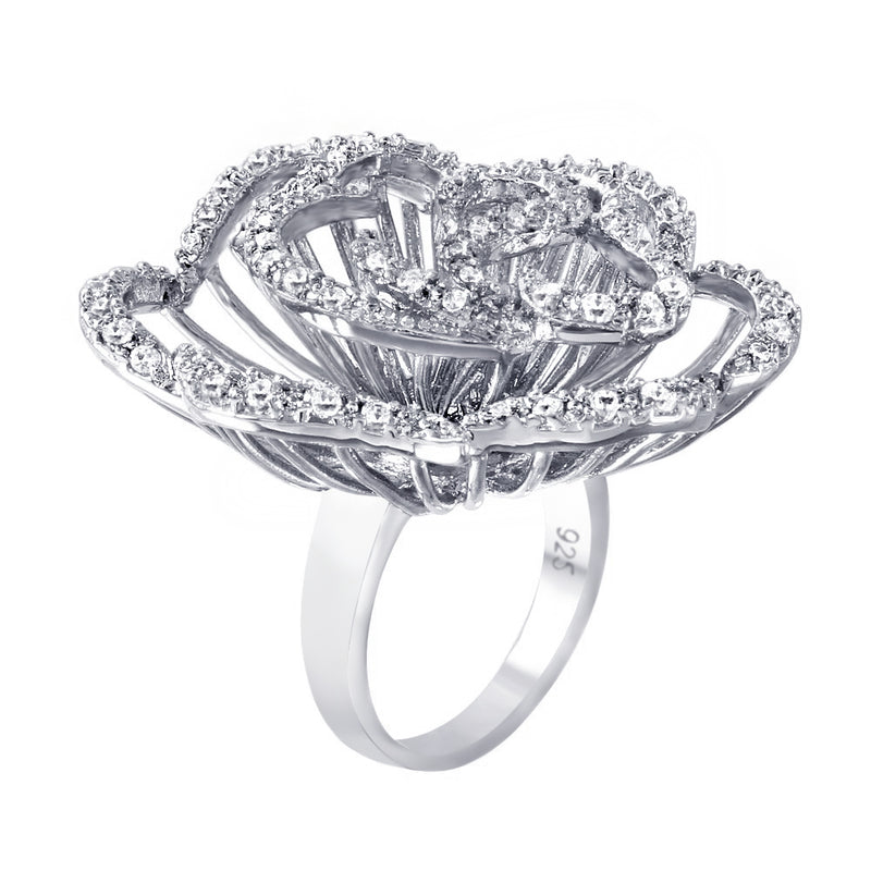 Silver 925 Rhodium Plated Clear CZ Rose Flower Ring - BGR00311WHT | Silver Palace Inc.
