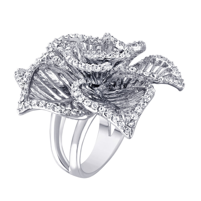 Silver 925 Rhodium Plated Clear CZ Open Flower Ring - BGR00316WHT | Silver Palace Inc.