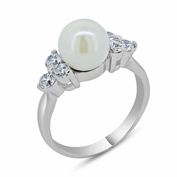 925 Sterling Silver Rhodium Plated Synthetic Pearl Center Clear CZ Ring - BGR00367 | Silver Palace Inc.