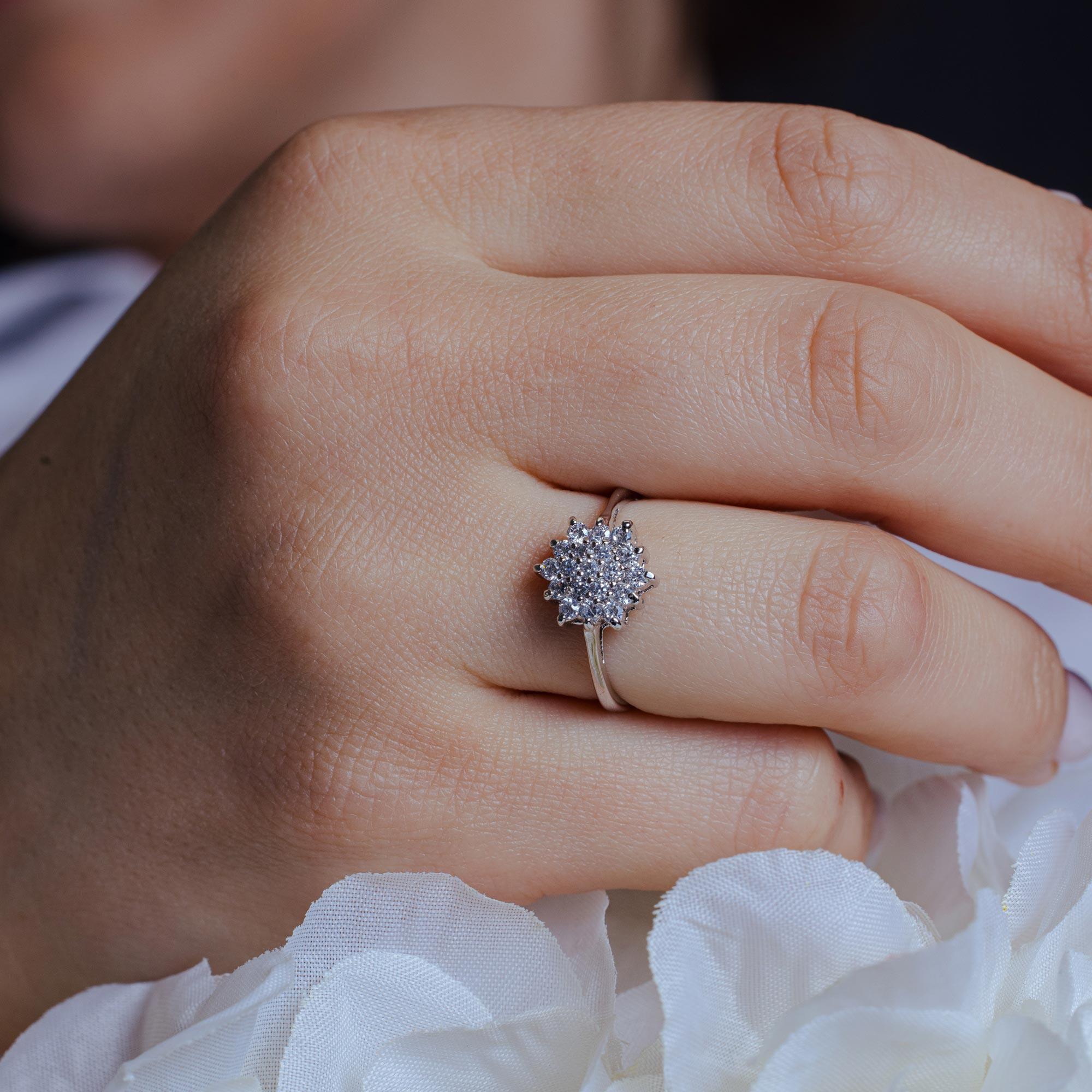 Silver 925 Rhodium Plated Clear Cluster CZ Flower Ring - BGR00391 