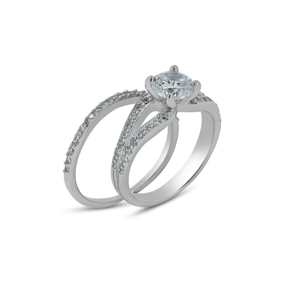 Silver 925 Rhodium Plated Clear CZ Bridal Engagement Ring Set - BGR00396 | Silver Palace Inc.