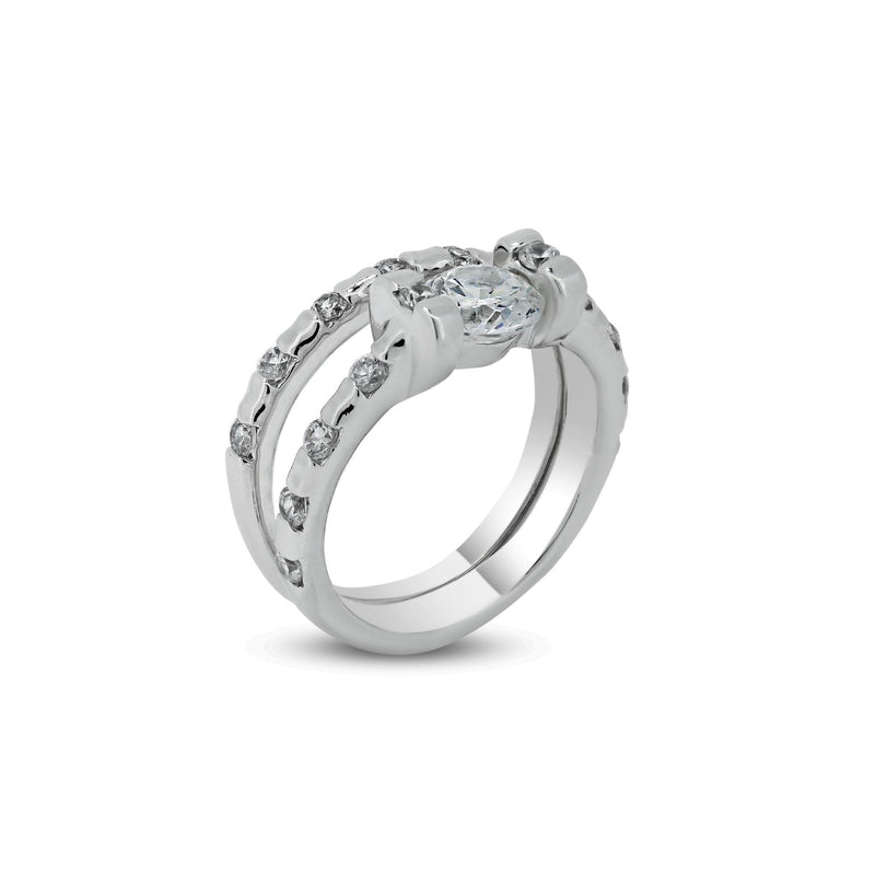 Rhodium Plated 925 Sterling Silver Clear Center CZ Bridal Ring Set - BGR00403 | Silver Palace Inc.