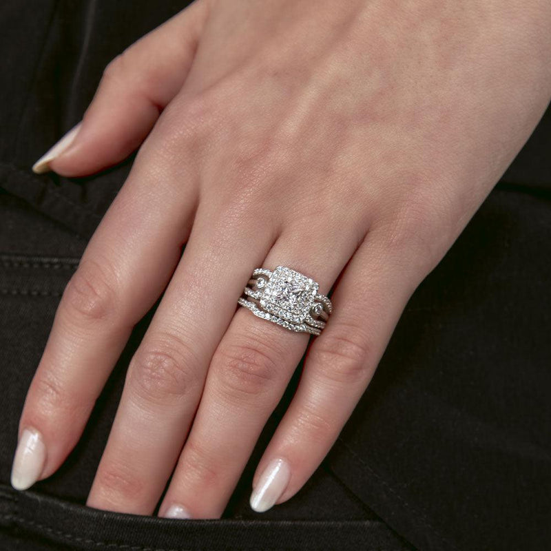 Juego de anillos cuadrados multicapa para novia con circonita transparente chapada en rodio de plata 925 - BGR00456