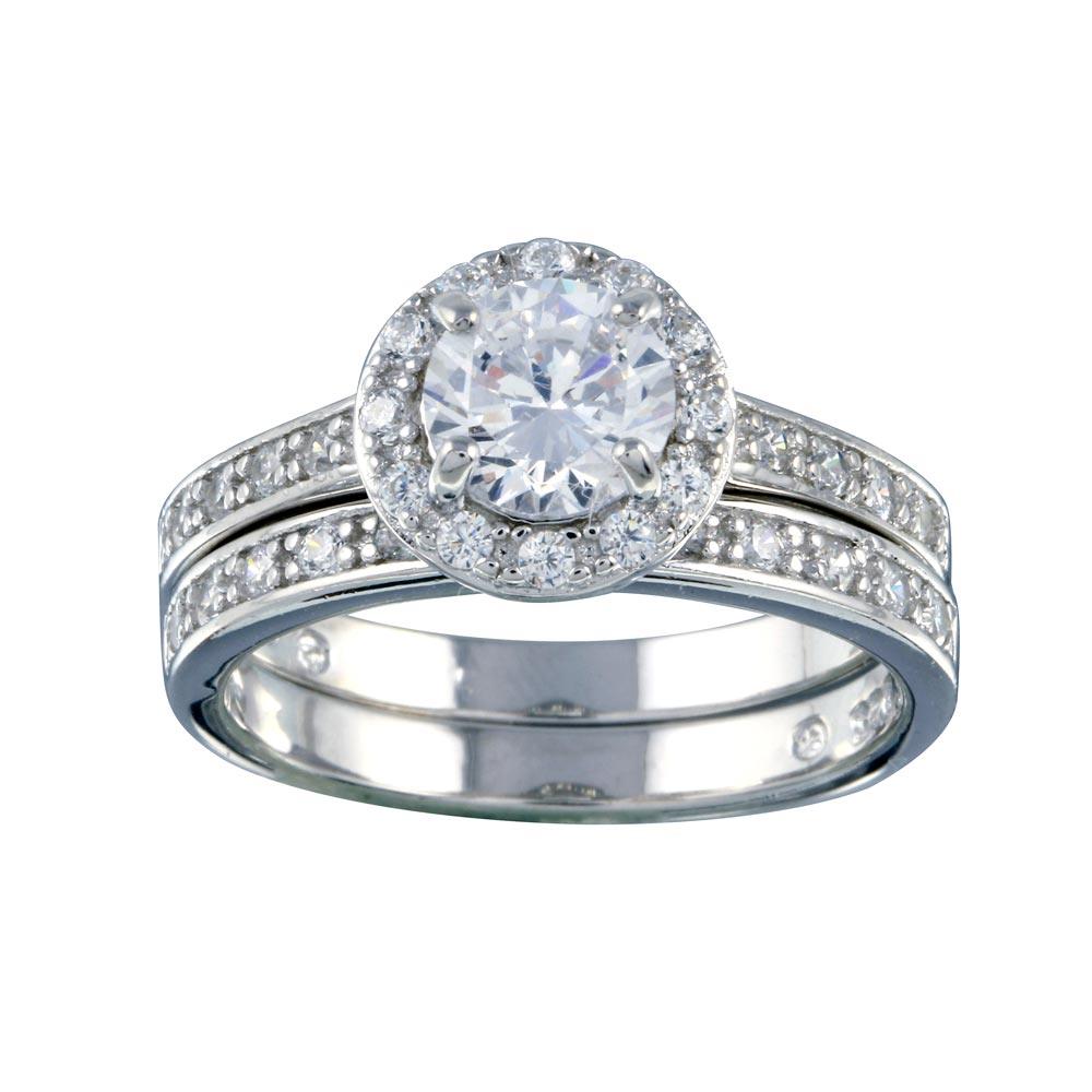 Rhodium Plated 925 Sterling Silver Clear CZ Round Bridal Ring Set