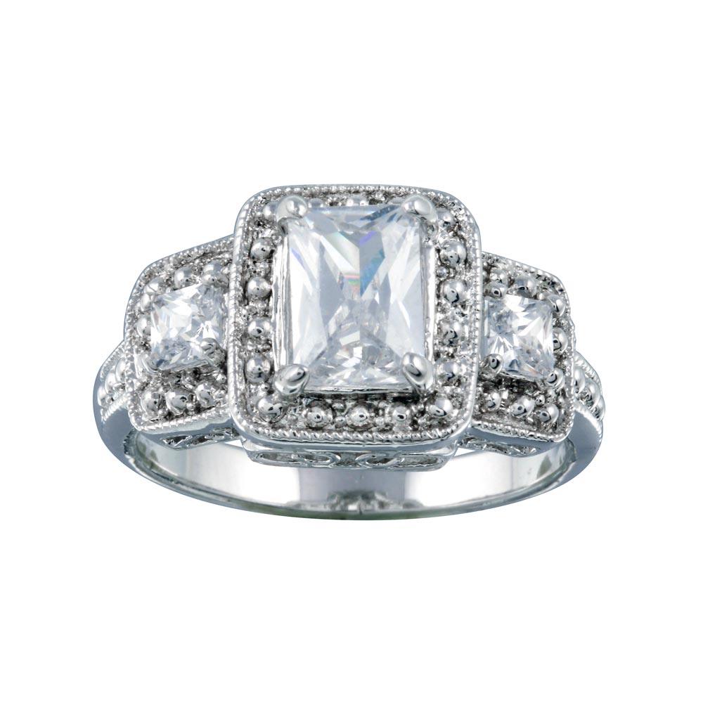 Rhodium Plated 925 Sterling Silver 3 Set Square Clear CZ Bridal Ring - BGR00552