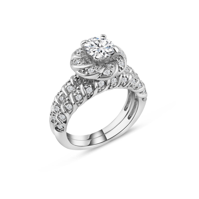 Silver 925 Rhodium Plated Micro Pave Set Clear Square Center CZ Flower Engagement Ring Set - BGR00712 | Silver Palace Inc.