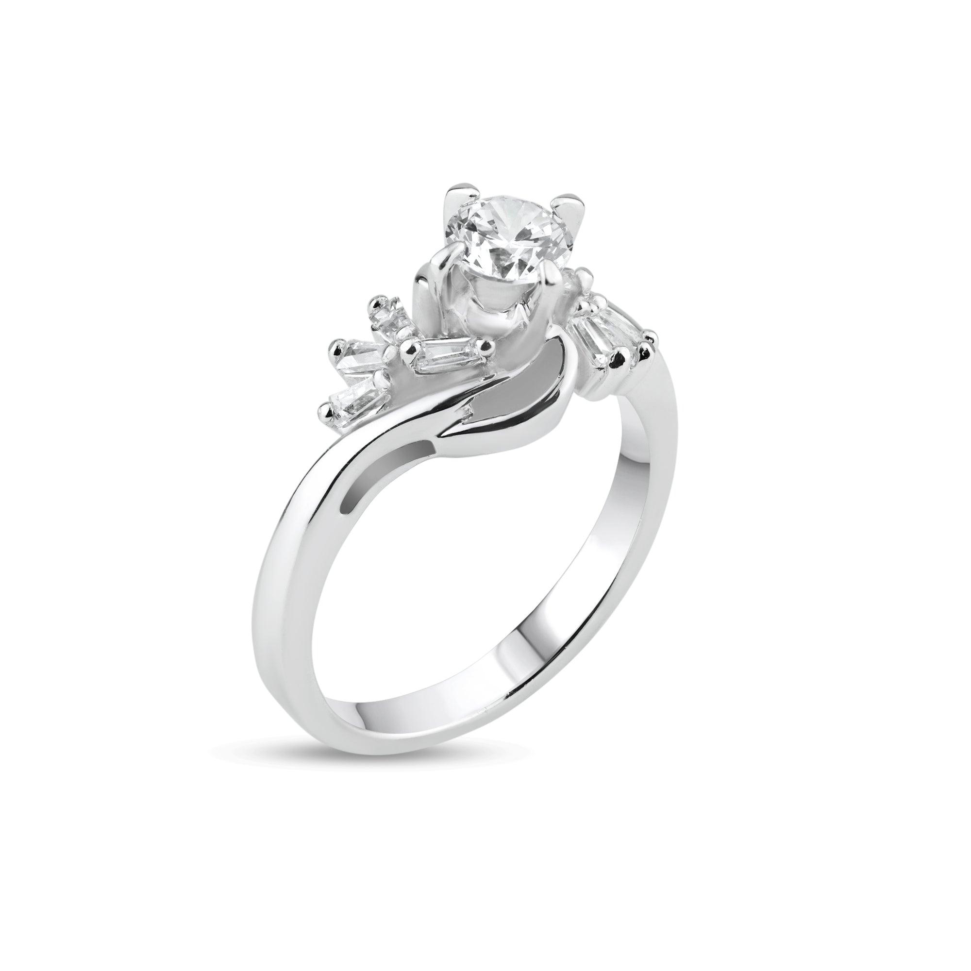 Silver 925 Rhodium Plated Clear Multi Shaped CZ Twist Fan Bridal Ring - BGR00724