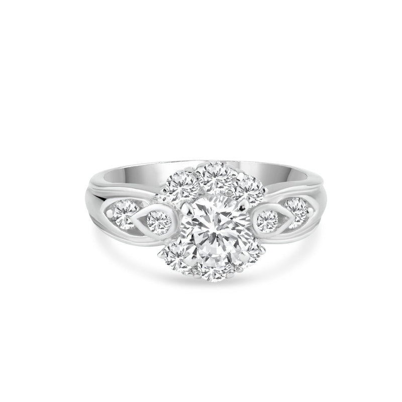 Silver 925 Rhodium Plated Clear Center and Cluster CZ Flower Ring - BGR00729 | Silver Palace Inc.