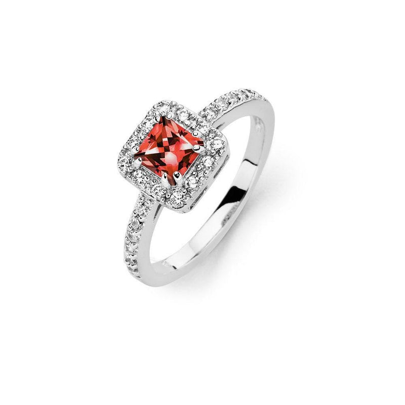 Silver 925 Rhodium Plated Clear Micro Pave Set Red Square Center CZ Bridal Ring - BGR00733 | Silver Palace Inc.