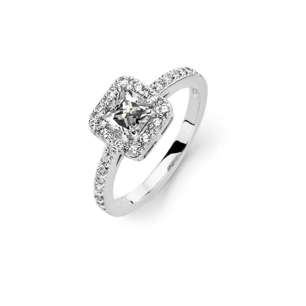 Silver 925 Rhodium Plated Clear Micro Pave Set and Square Center CZ Bridal Ring - BGR00736 | Silver Palace Inc.