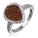 Silver 925 Rhodium Plated Pear Brown Druzy Gemstone Ring - BGR00748