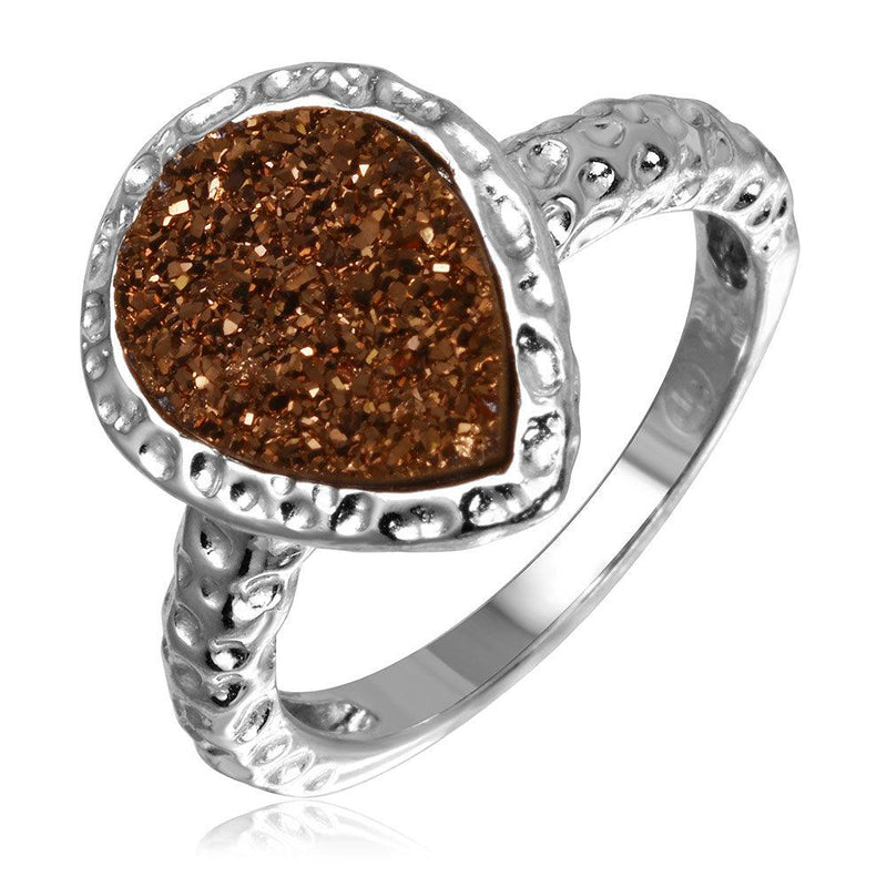Silver 925 Rhodium Plated Pear Brown Druzy Gemstone Ring - BGR00748