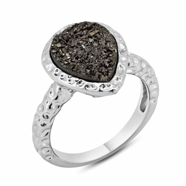 Silver 925 Rhodium Plated Pear Brown Druzy Gemstone Ring - BGR00748 | Silver Palace Inc.