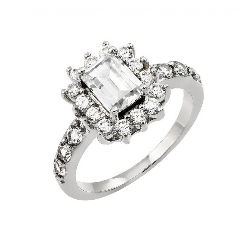 Silver 925 Rhodium Plated Clear Cluster and Square Center CZ Engagement Ring - BGR00792 | Silver Palace Inc.