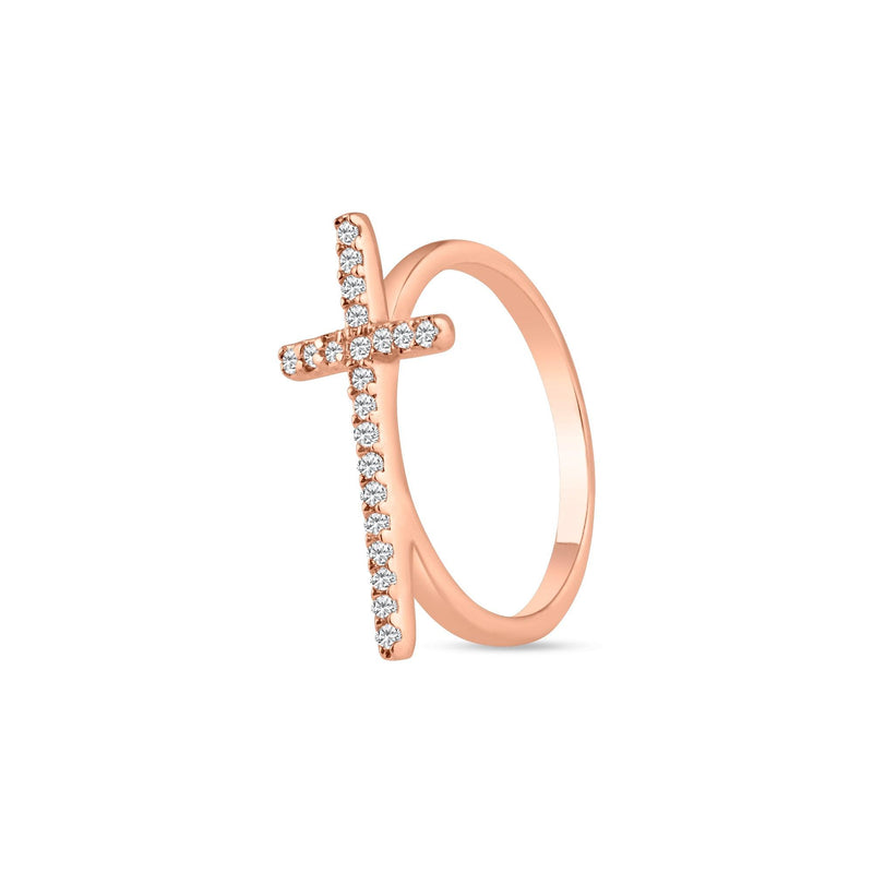 Silver 925 Rose Gold Plated Clear CZ Cross Ring - BGR00810RGP | Silver Palace Inc.
