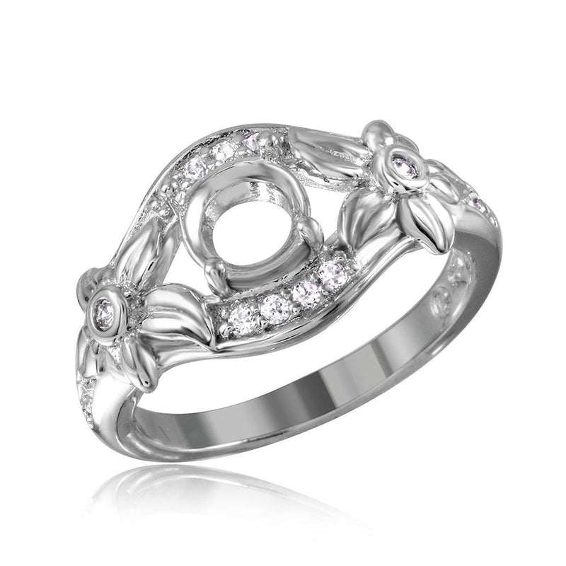 Silver 925 Rhodium Plated Flower Shank Single Stone Mounting Ring - BGR00814 | Silver Palace Inc.