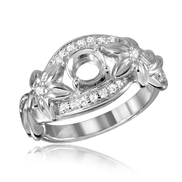 Silver 925 Rhodium Plated Flower Shank Single Stone Mounting Ring - BGR00815 | Silver Palace Inc.
