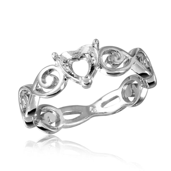 Silver 925 Rhodium Plated Wave Band Design Heart Center Mounting Ring - BGR00818 | Silver Palace Inc.