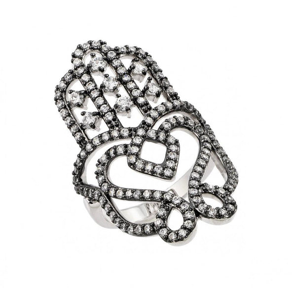 Silver 925 Oxidized Rhodium Plated Clear CZ Hamsa Hand Ring - BGR00824 | Silver Palace Inc.