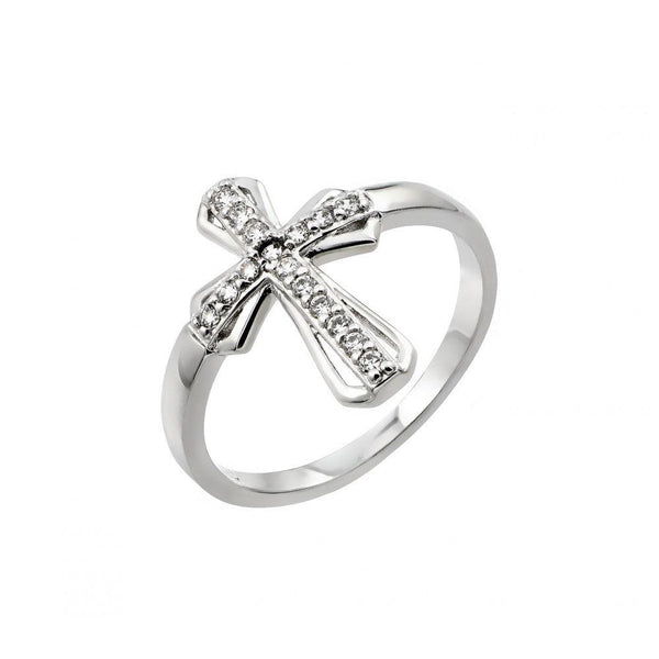 Silver 925 Rhodium Plated Clear CZ Cross Ring - BGR00848 | Silver Palace Inc.