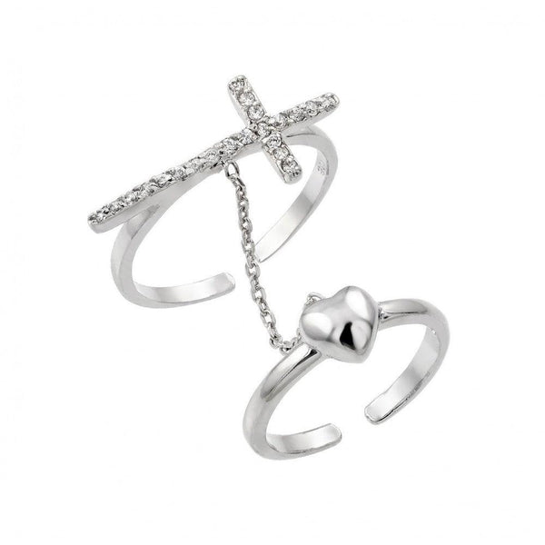 Silver 925 Rhodium Plated Clear CZ Cross Heart Knuckle Slave Ring - BGR00885 | Silver Palace Inc.