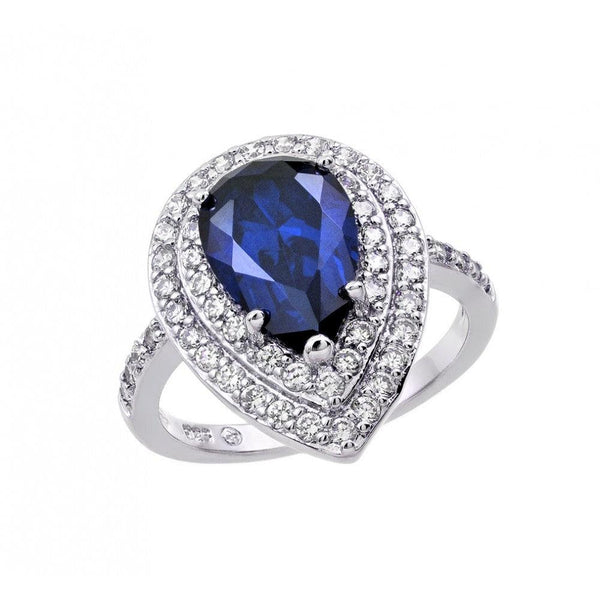 Silver 925 Rhodium Plated Blue Center and Clear Cluster CZ Teardrop Ring - BGR00887TAN | Silver Palace Inc.