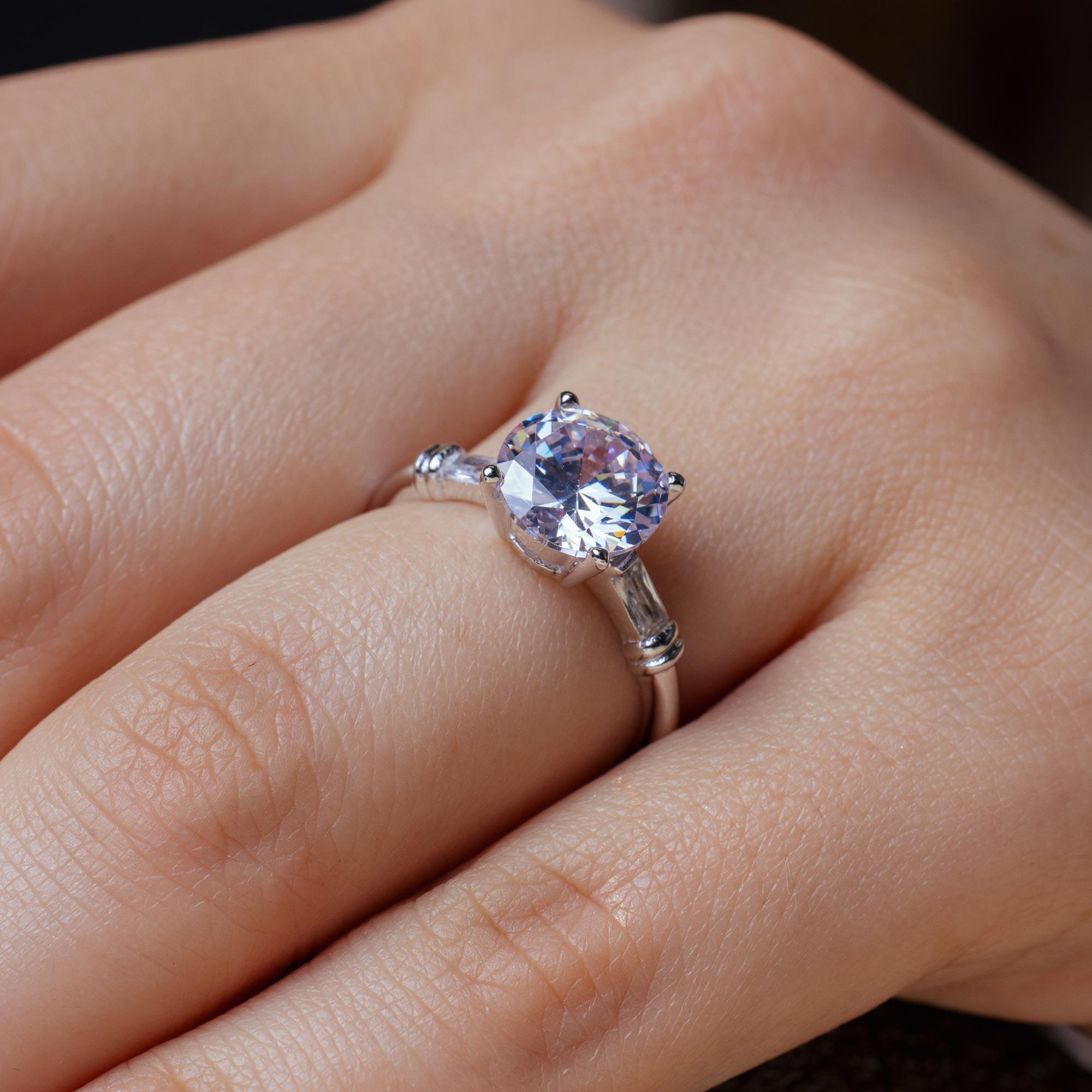 Silver 925 Rhodium Plated Clear Round Center CZ Bridal Engagement Ring - BGR00890