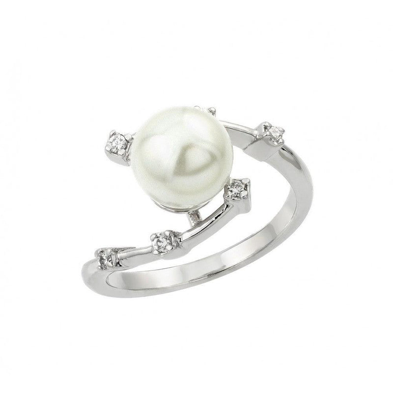 Silver 925 Rhodium Plated Clear CZ Synthetic Pearl Curve Ring - BGR00906 | Silver Palace Inc.