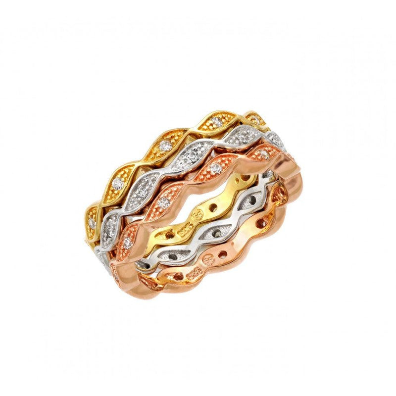 Silver 925 Rhodium Rose Gold and Gold Plated 3 Tone Stackable Eternity Ring Set - BGR00920 | Silver Palace Inc.