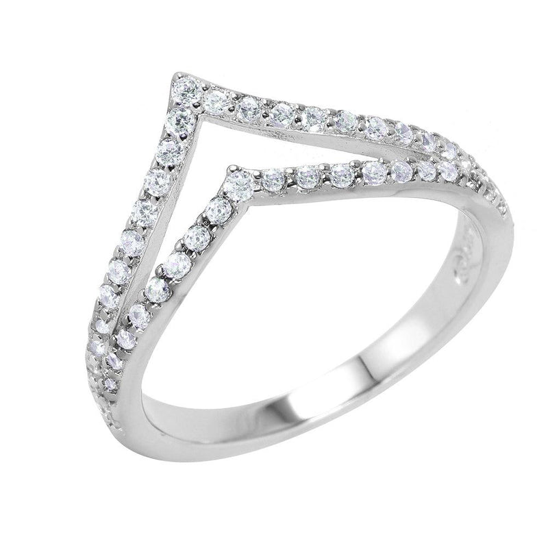 Silver 925 Rhodium Plated Clear Pave Set CZ Double Chevron Ring - BGR00948 | Silver Palace Inc.
