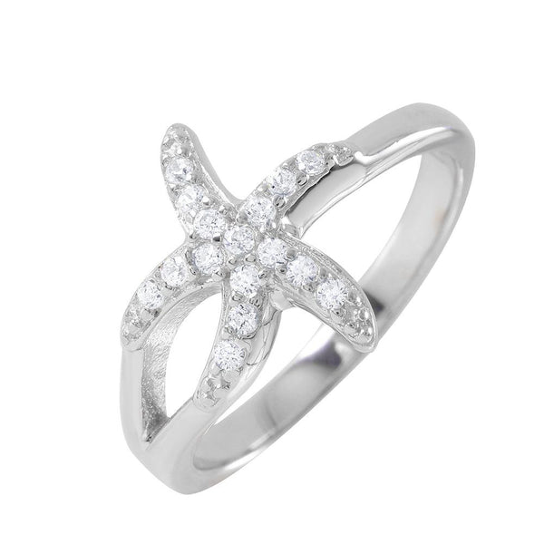 Silver 925 Rhodium Plated Clear Pave Set CZ Small Skinny Starfish Ring - BGR00950 | Silver Palace Inc.