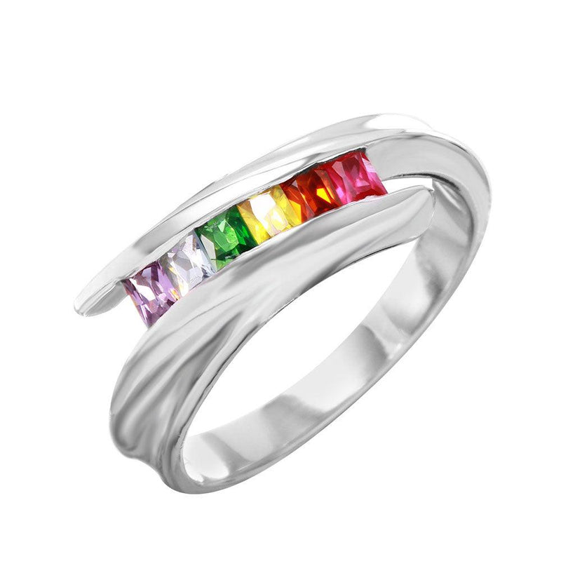 Silver 925 Overlapping Ring with Multi-Color CZ Accents - BGR00956 | Silver Palace Inc.