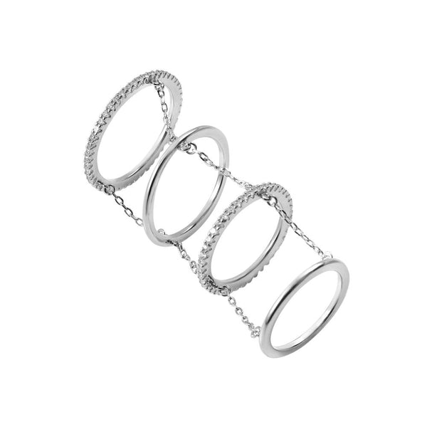 Silver 925 Rhodium Plated 4-Band Chain Ring with CZ Accents - BGR00979 | Silver Palace Inc.