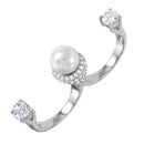 Silver 925 Rhodium Plated Pearl Two Finger Open Ring with CZ Accents - BGR00980