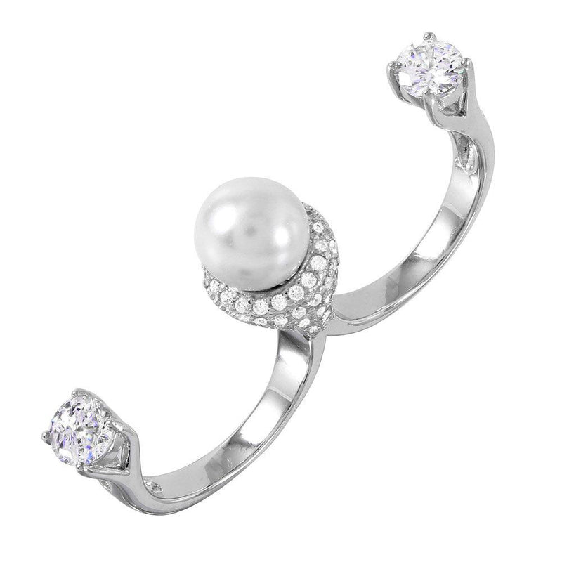 Anillo abierto de dos dedos con perlas chapadas en rodio y detalles de circonita en plata 925 - BGR00980