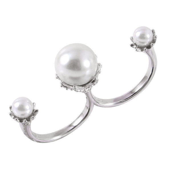 Silver 925 Rhodium Plated Two Finger Open Ring with 3 White Synthetic Pearls - BGR00981 | Silver Palace Inc.