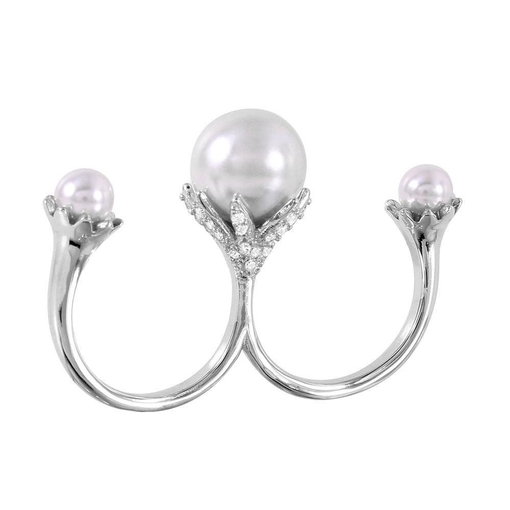 Silver 925 Rhodium Plated Two Finger Open Ring with 3 White