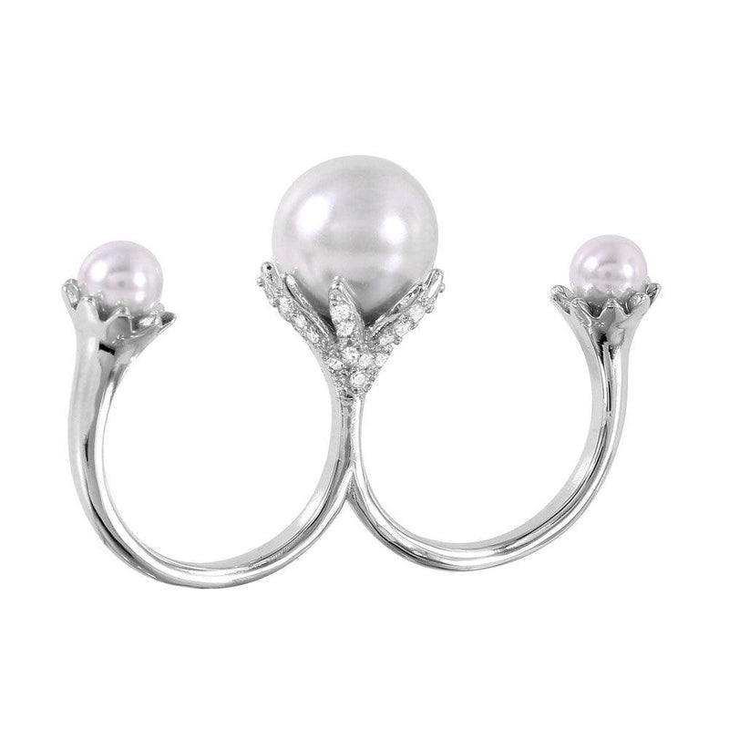 Silver 925 Rhodium Plated Two Finger Open Ring with 3 White Synthetic Pearls - BGR00981