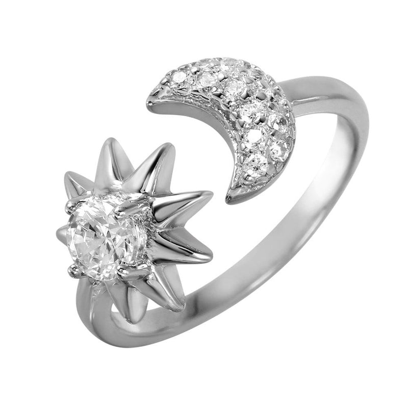 Silver 925 Rhodium Plated Sun and Moon Open Ring with CZ Accents - BGR00986 | Silver Palace Inc.