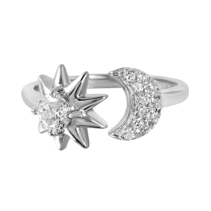 Silver 925 Rhodium Plated Sun and Moon Open Ring with CZ Accents - BGR00986