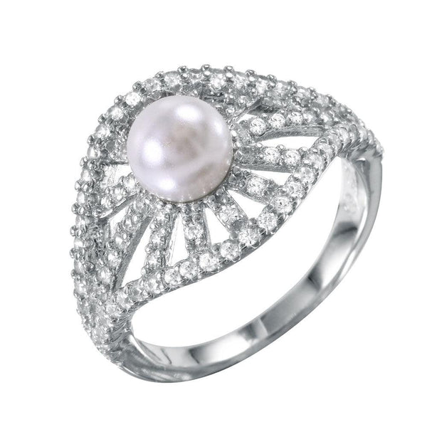 Silver 925 Radial Bursts Synthetic Pearl Ring With CZ Accents - BGR00989 | Silver Palace Inc.