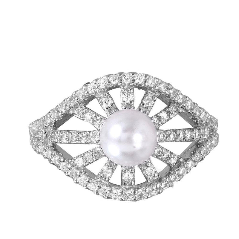 Silver 925 Radial Bursts Synthetic Pearl Ring With CZ Accents - BGR00989