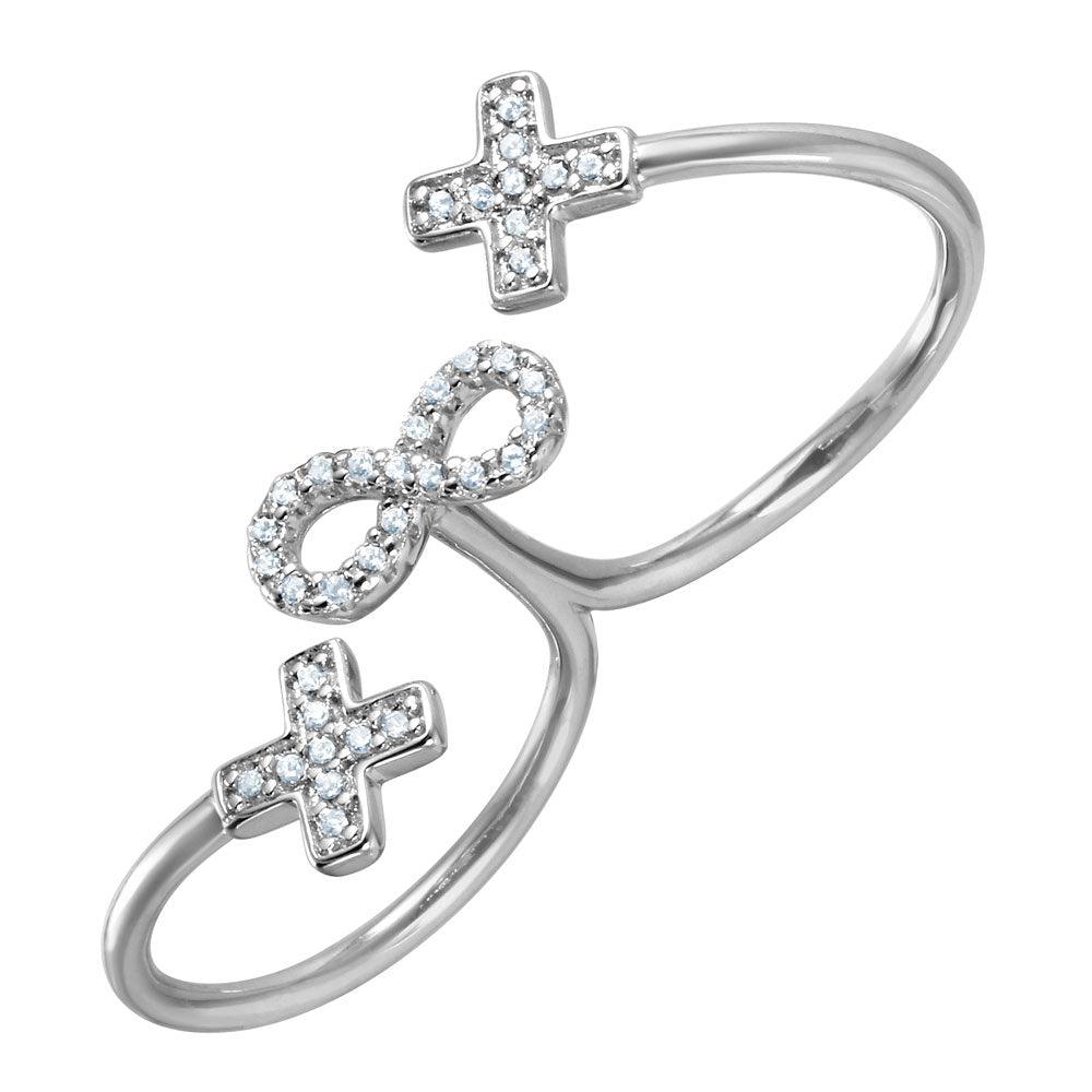 Silver 925 Rhodium Plated Crosses and Infinity CZ Two-Finger Open